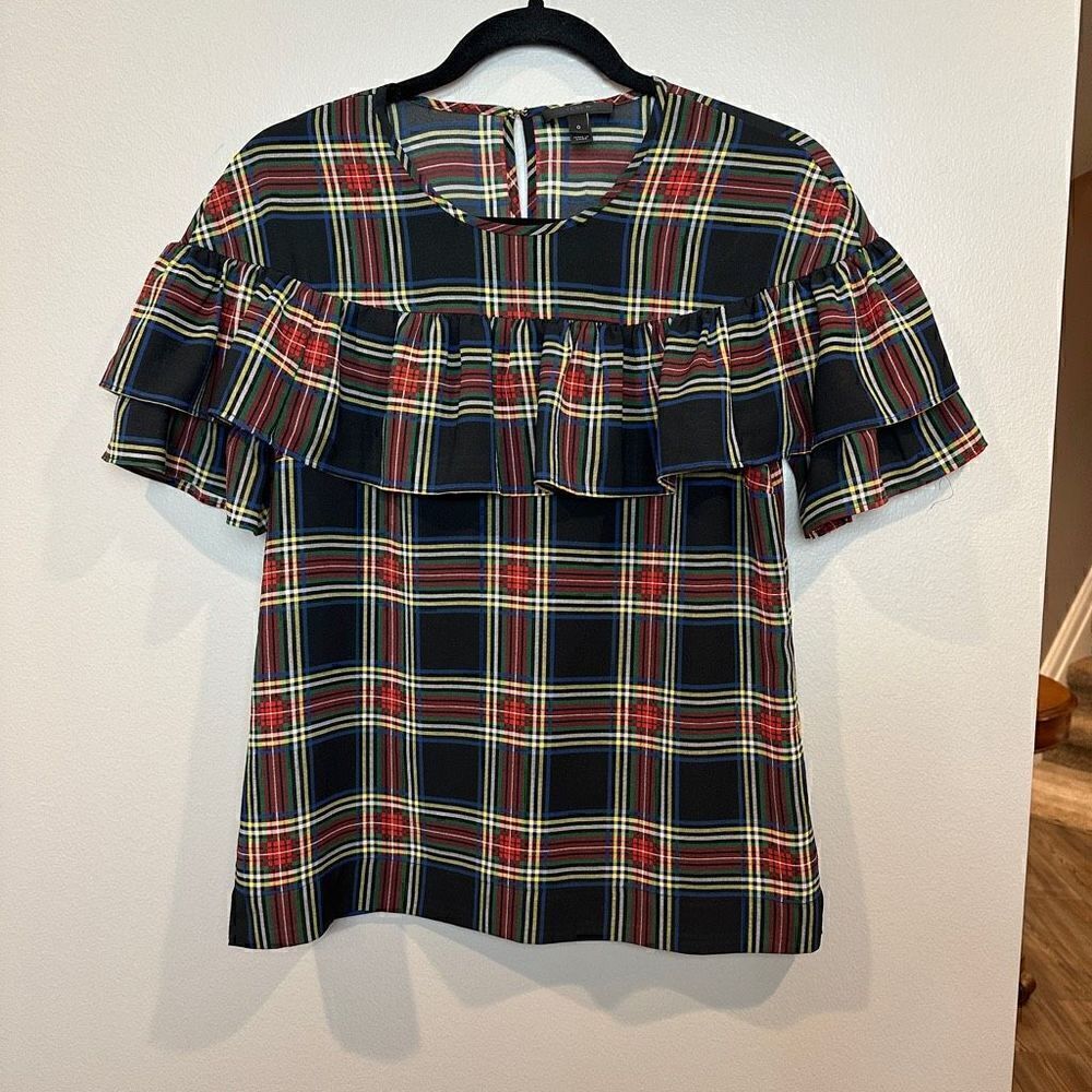 J Crew Blackwatch Plaid Ruffle Blouse size 0